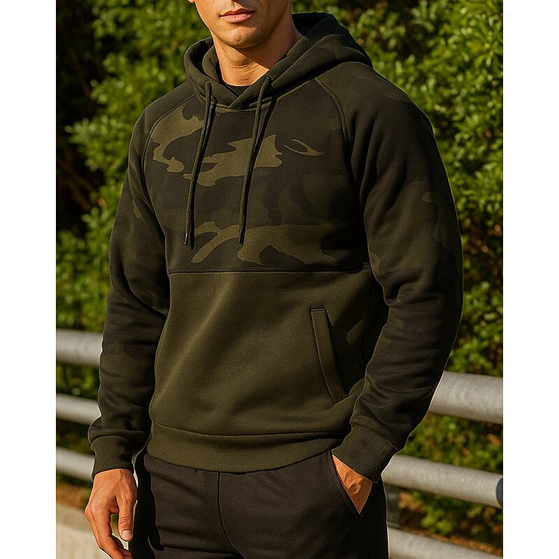 Men's Running Top Sports Sweatshirt Drawstring Pocket Long Sleeve Top Athleisure Camouflage Thermal Warm Outdoor Running Sportswear Activewear Black Green Khaki4