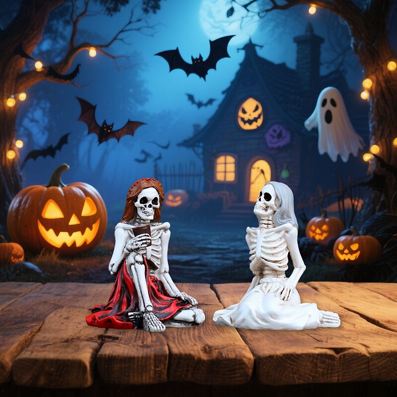 2PCS Halloween Resin Chatting Skeleton Girl Figurines Set, Spooky Outdoor Yard Planter Balcony and Desktop Decorations, Halloween Home Decor Ornaments3