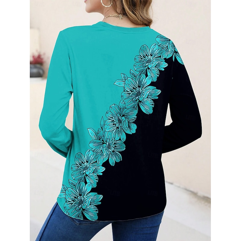 Women's T shirt Long Sleeve V Neck Long Sleeve Tunic Floral Graphic Plants Vintage Stylish Classic Tops Daily Going out Weekend Print Light Green Blue Sky Blue Purple Green Spring Fall Prefall2