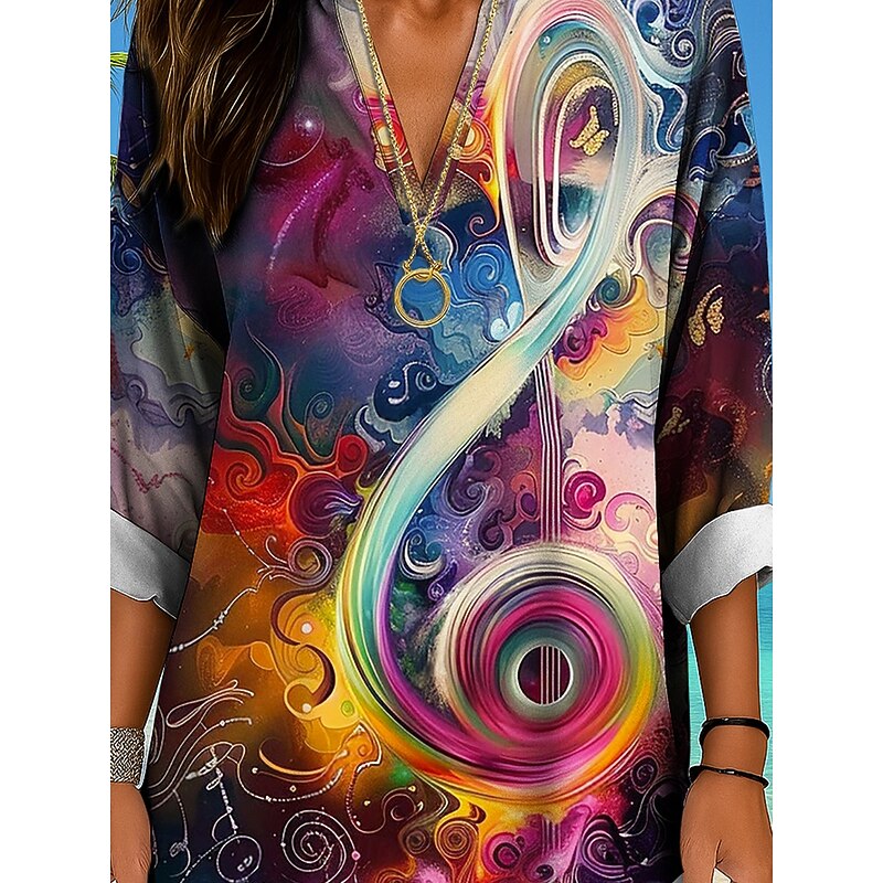 Music Festival Women's Blouse Long Sleeve Tunic Ombre Graphic Geometric Elegant Vintage Tropical Long Sleeve V Neck Regular Tops Daily Holiday Print White Red Rainbow Summer Spring3