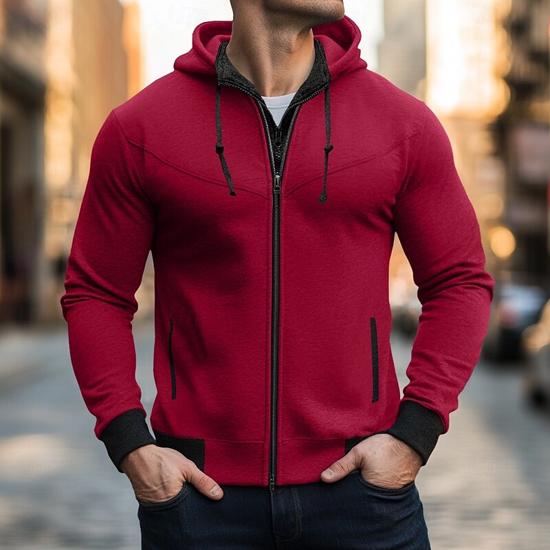 Men's Hoodie Full Zip Hoodie Black Red Dark Gray Gray Hooded Plain Patchwork Sports & Outdoor Casual Daily Streetwear Cool Designer Spring &  Fall Clothing Apparel Hoodies Sweatshirts4