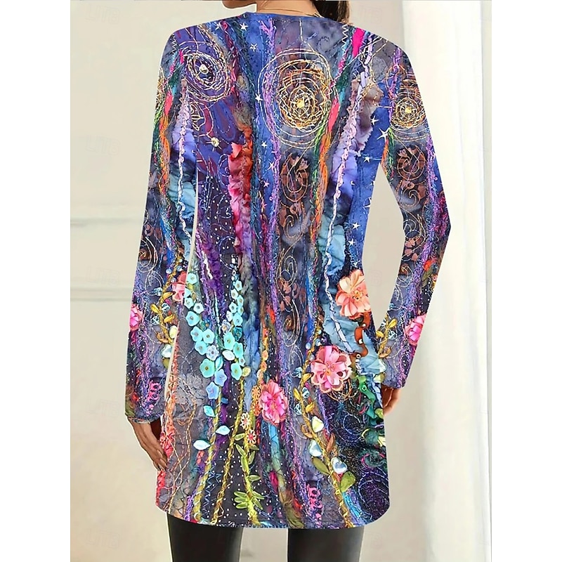 Women's Casual Jacket Comfortable Breathable Pocket Open Front Casual Boho Vintage Floral Casual Daily Wear Open Front Long Crewneck Regular Fit Long Sleeve Outerwear Blue Purple Spring Fall3