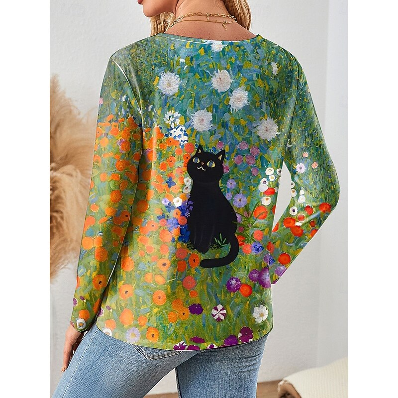 Women's T shirt Crew Neck Long Sleeve Tunic Floral Graphic Cat Vintage Stylish Classic  Regular Tops Daily Weekend Print Pink Orange Green Spring Fall2