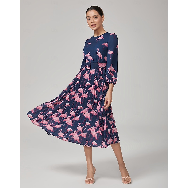 Women's Female Casual Dress Pink Flamingo Summer Fall Cross-Seasons Round Vacation XS S M