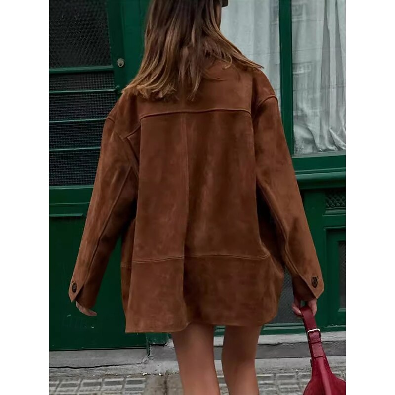 Women's Coat Comfortable Pocket Buttons Fashion Street Style Plain Outdoor Casual Daily Regular Turndown Regular Fit Long Sleeve Outerwear Brown Spring Fall3