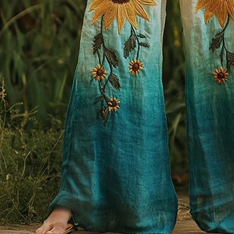Women's Wide Leg Pants Trousers Palazzo Pants Fashion Boho Full Length High Waist Sunflower Elastic Waist Drawstring Print Breathability Comfortable Street Daily Wear Going out Blue Spring Fall3