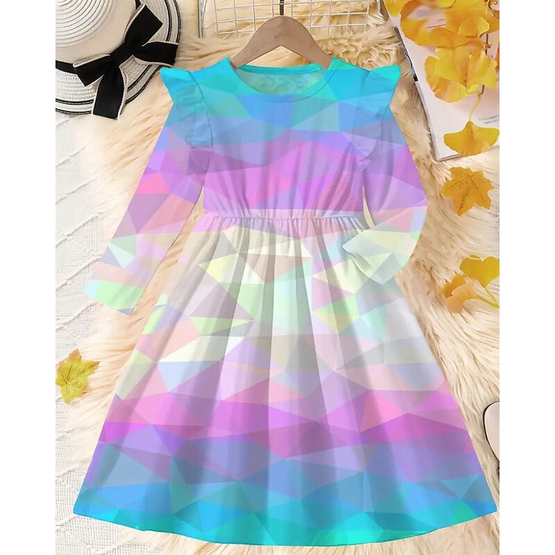 Girls' 3D Geometric Dress Ruffle Dress Long Sleeve Summer Spring Vacation Daily Holiday Princess Beautiful Sweet Kids 4-12 Years Casual Dress A Line Dress Knee-length Regular Fit3