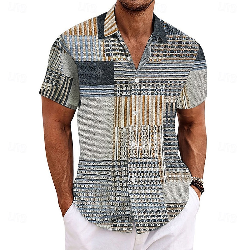 Men's Shirt Linen Shirt Retro Shirts Vintage Shirt Ethnic Shirt Plaid Checkered Outdoor Home Blue khaki Gray Short Sleeve Turndown Summer Clothing Apparel4