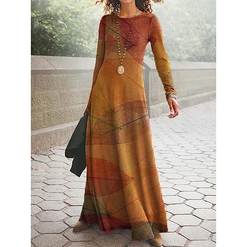 Women's Maxi Dress Vintage Bohemian A Line Dress Crew Neck Long Sleeve Casual Daily Regular Fit Graphic Geometric Black Red Orange Spring Fall Winter2
