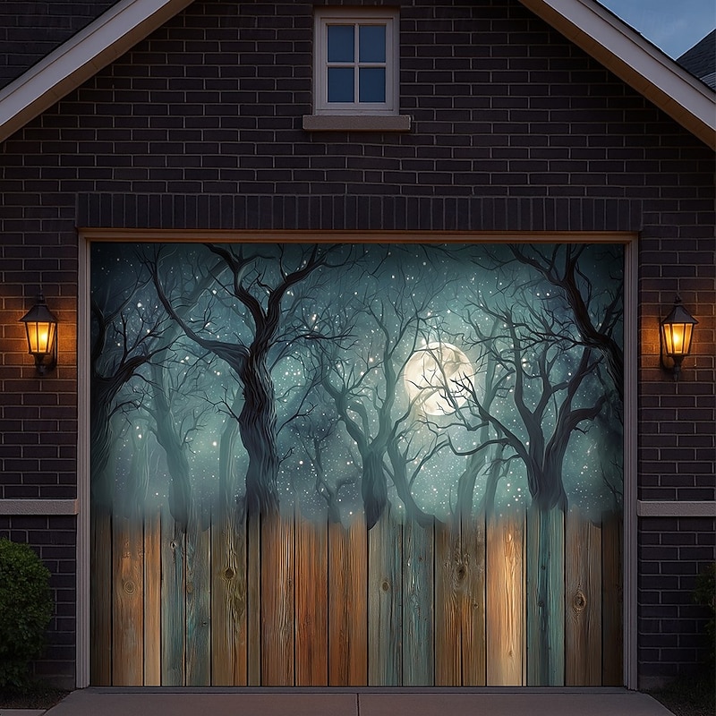 Halloween Garage Door Cover Haunted Forest Scene Banner, Large Tapestry Backdrop Decoration for Holiday Outdoor Garage Door and Home Wall, 2025 Halloween Decorations3