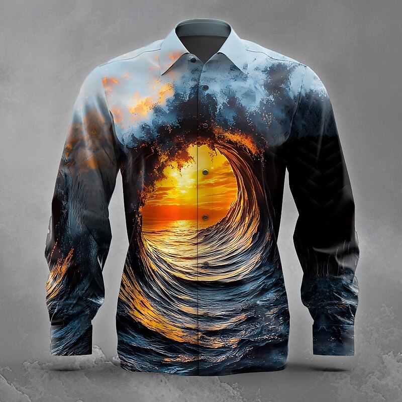 Men's Optical Illusion Ocean Sunset Shirt Button Up Shirt Long Sleeve Fashion Casual Holiday Streetwear Summer Spring Turndown 3D Print Collared Shirts Blue 1# Blue