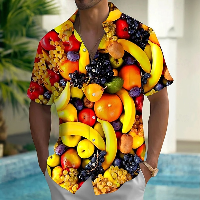 Men's Fruit Food Hamburger Summer Hawaiian Shirt Button Up Shirt Aloha Shirt Short Sleeve Hawaiian Holiday Beach Wear Summer Spring Turndown 3D Print Collared Shirts Front One Pocket Black Orange