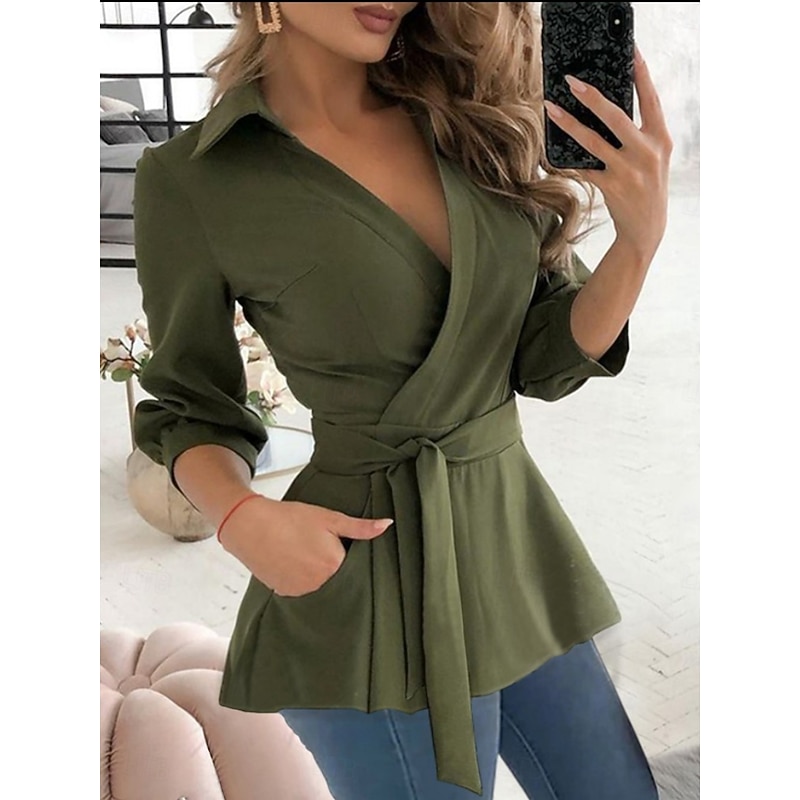 Women's Blouse Solid Color Elegant Stylish Basic Long Sleeve V Neck Regular Tops Daily Lace up Black White Fuchsia Green Summer Spring Fall3