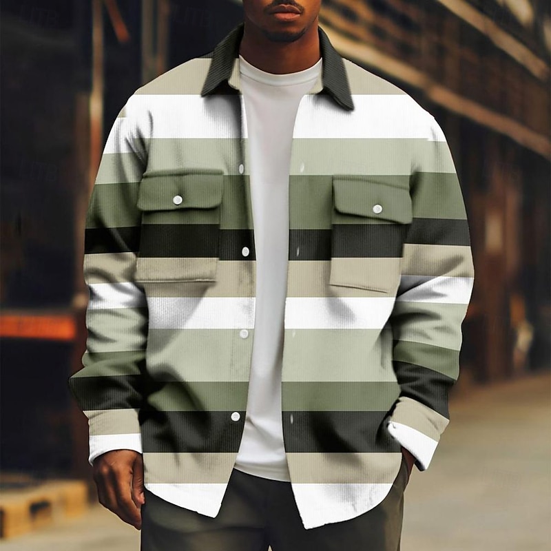 Men's Horizontal Stripes Corduroy Shirt Shacket Shirt Jacket Long Sleeve Casual Outdoor Dailywear Fall Winter Turndown Button-Down Warm Jacket with Flap Pockets Light Green Pink Blue Sky Blue Purple2