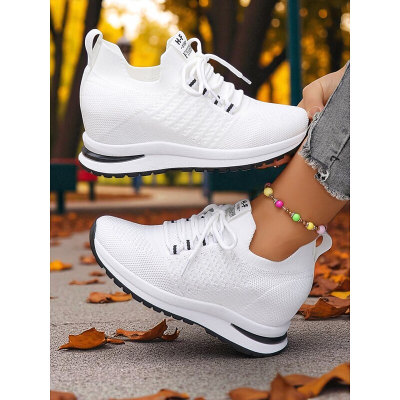 Women's Hidden Heel Flyknit Sneakers, Sporty Style with Bold Stripes, Perfect for Everyday Wear, Walking and Casual Outings4