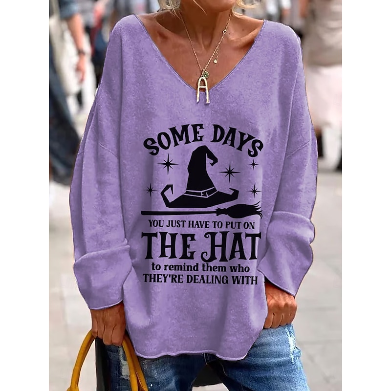 Halloween Women's T shirt Witch Graphic Letter Elegant Fashion Casual Long Sleeve V Neck Regular Tops Daily Weekend Print Black Purple Orange Green Gray Spring Fall4
