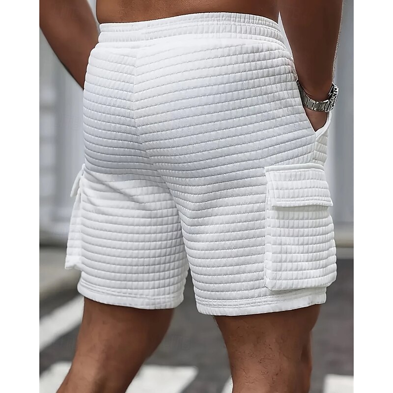 Men's Waffle Shorts Cargo Shorts Shorts Summer Shorts Casual Shorts Pocket Elastic Waist Drawstring Plain Comfort Breathable Short Outdoor Vacation Sport Casual Black White Micro-elastic2