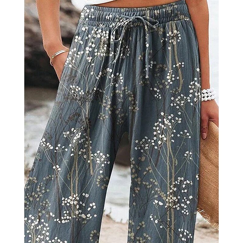 Women's Wide Leg Pants Trousers Palazzo Pants Fashion Streetwear Full Length High Waist Flower Elastic Waist Drawstring Print Breathability Comfortable Street Daily Wear Going out Navy Blue Dark Blue4