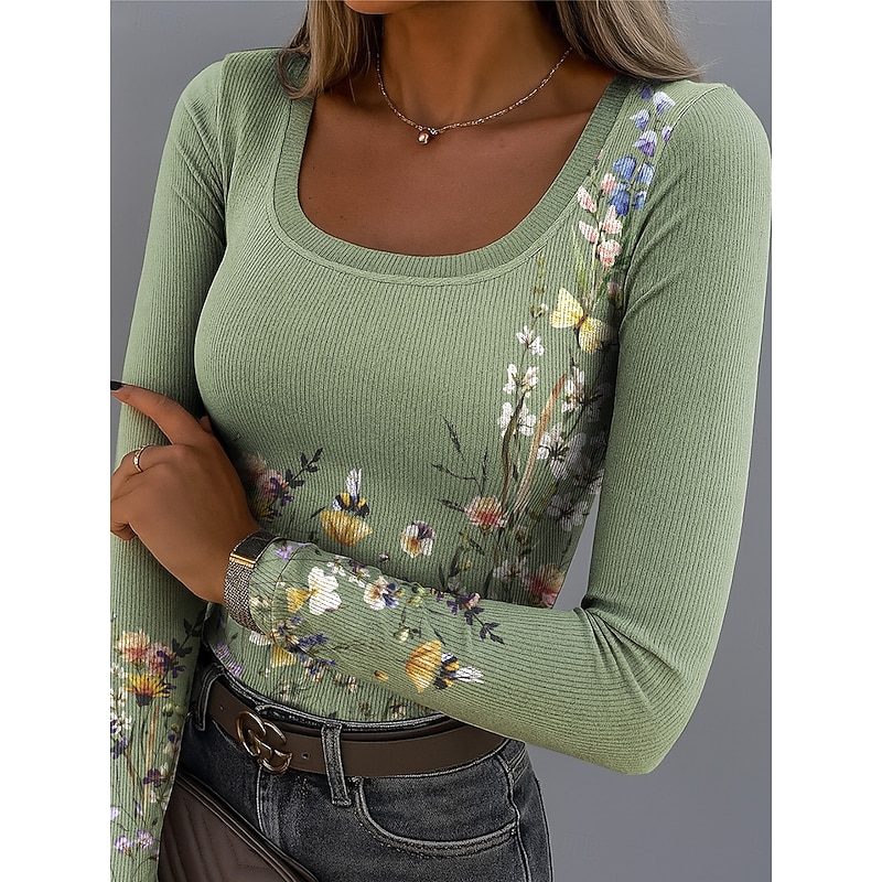 Women's T Shirt Ribbed Graphic Square Neck Long Sleeve Casual Floral Plants Elegant Vintage Regular Tops Daily Print Pink Blue Purple Green Gray Spring Fall