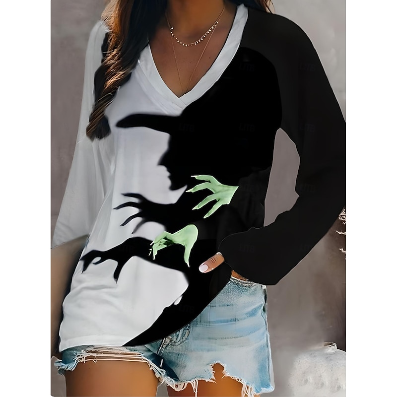 Halloween Women's T shirt Witch Long Sleeve V Neck Long Sleeve Graphic Casual Elegant Vintage Stylish Regular Tops Daily Going out Weekend Print Purple Green Dark Gray Spring Fall Prefall