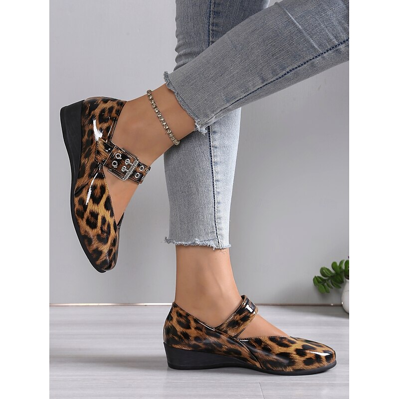 Leopard Print Faux Patent Leather Mary Jane Flats for Women – Adjustable Buckle Strap, Stylish and Comfortable Slip-On Footwear3