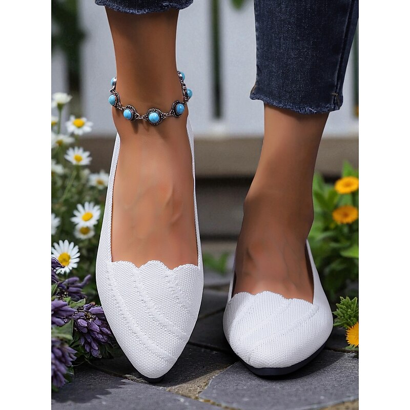 Women's White Flyknit Pointed Toe Flats – Scalloped Edge Ballerina Shoes for Spring Picnics, Garden Parties & Commuting2