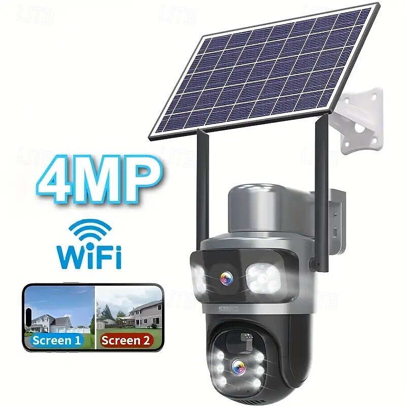 Dual-lens Solar-powered Wireless Outdoor Security Camera 8-megapixel Resolution 355 Pan-tilt Rotation With Colour Night Vision Spotlight/Alarm Motion Detection Two-way Intercom Wifi Monitoring.