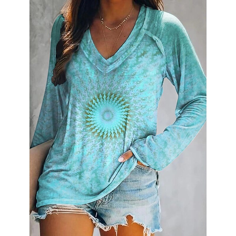 Women's T shirt Long Sleeve V Neck Long Sleeve Graphic Casual Geometry Vintage Stylish Classic Regular Tops Daily Weekend Print Light Green Pink Blue Orange Green Spring Fall Prefall4