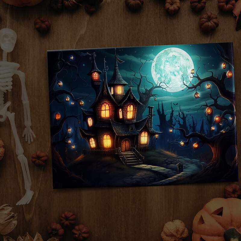 Halloween Full Moon Haunted Village LED Canvas Wall Art - Battery Operated Lighted Wall Decor for 2025 Halloween home decoration light livingroom and bedroom4