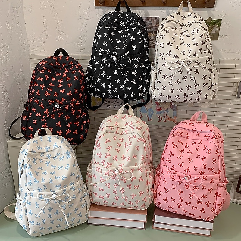 Girls' Korean Style Backpack with Bow Print – Cute Canvas School Bag for Teen Students, Middle & High School Back to School