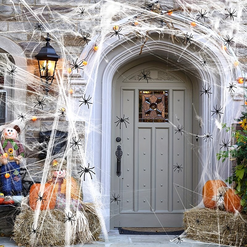 1200 Sqft Spider Webs Halloween Decorations Outdoor Halloween Spider Web Decoration With 60 Fake Spiders Super Stretchy Cobweb For Halloween Decorations Halloween Home Decor Haunted House Decor2