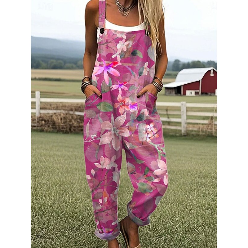 Women's Dungarees Active Floral Sleeveless Straight with Pocket Vacation Street Loose Fit Yellow Blue Purple Summer4