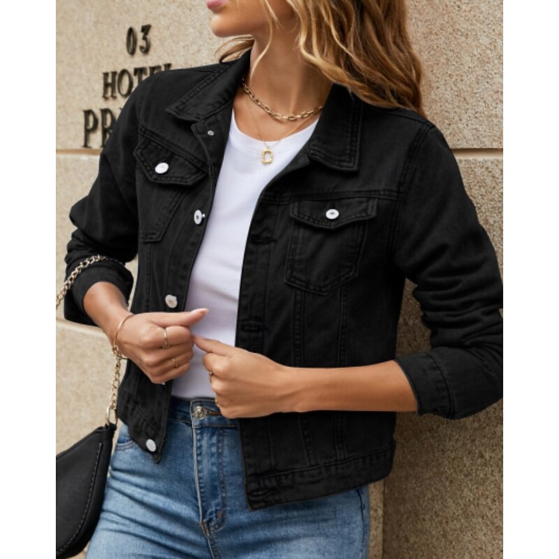 Women's Denim Jacket Comfortable Pocket Buttons Casual Plain Holiday Weekend Single Breasted Regular Turndown Regular Fit Long Sleeve Outerwear Black White Yellow Fall2