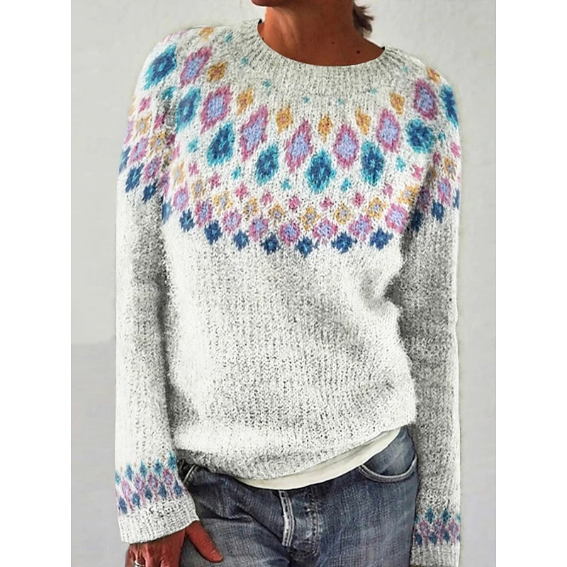 Women's Sweater Casual Soft Geometric Ribbed Crew Neck Knitted Long Sleeve Regular Tops Knit Outdoor Daily Weekend White Yellow Fall Winter2