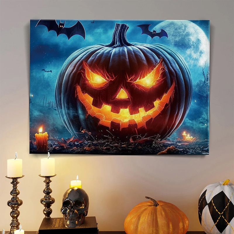 Halloween Jack-o'-Lantern Close-up LED Canvas Wall Art - Battery Operated Lighted Wall Decor for 2025 Halloween home decoration light livingroom and bedroom3