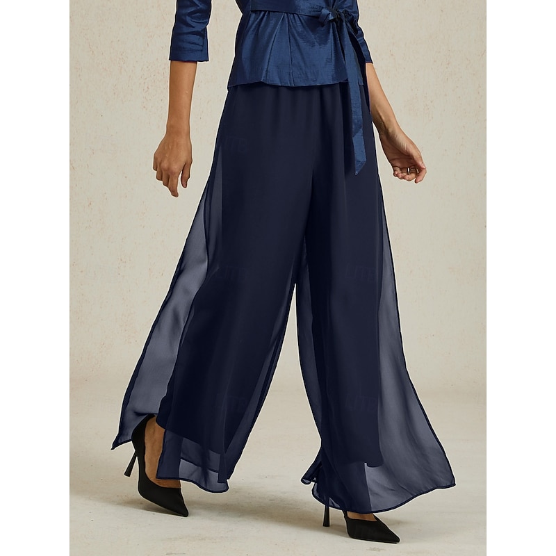 Women's Culottes Wide Leg Straight-Leg Trousers Elegant Stylish Classic Style Full Length Medium Waist Solid Color Elastic Waist Stretchy Wedding Vacation Party Navy Blue Spring, Fall, Winter, Summer