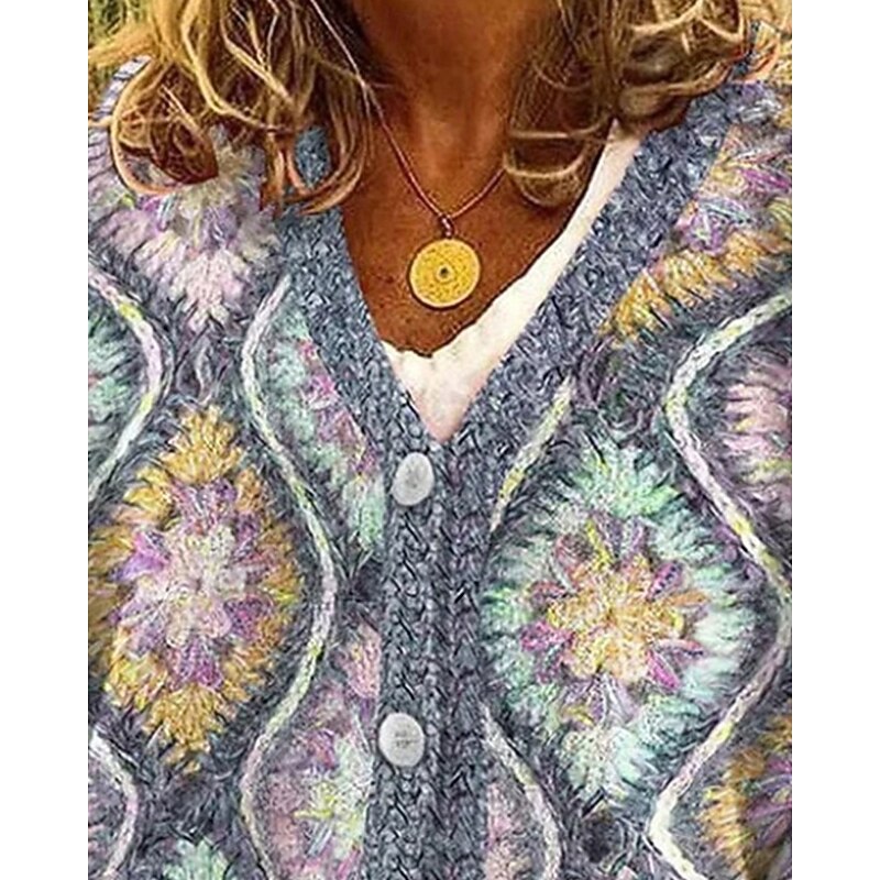 Women's Sweater Cardigan Fashion Streetwear Daily Argyle Ribbed V Neck Knitted Print Long Sleeve Regular Tops Knit Holiday Going out Weekend Dark Blue Fall Winter2