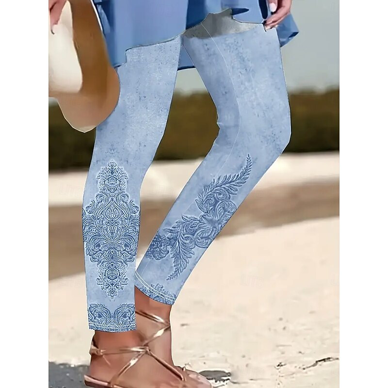 Women's Leggings Vacation Vintage Fashion Ankle-Length High Waist Graphic Paisley Flower / Floral Printing Soft Breathable Stretchy Outdoor Vacation Street Light Sky Blue Spring Fall Winter Slim Fit