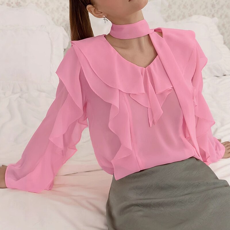 Women's Shirt Solid Color Elegant Bohemia Vintage Long Sleeve V Neck Regular Tops Work Daily Holiday Lace up Ruffle White Pink Blue Summer Spring Fall3