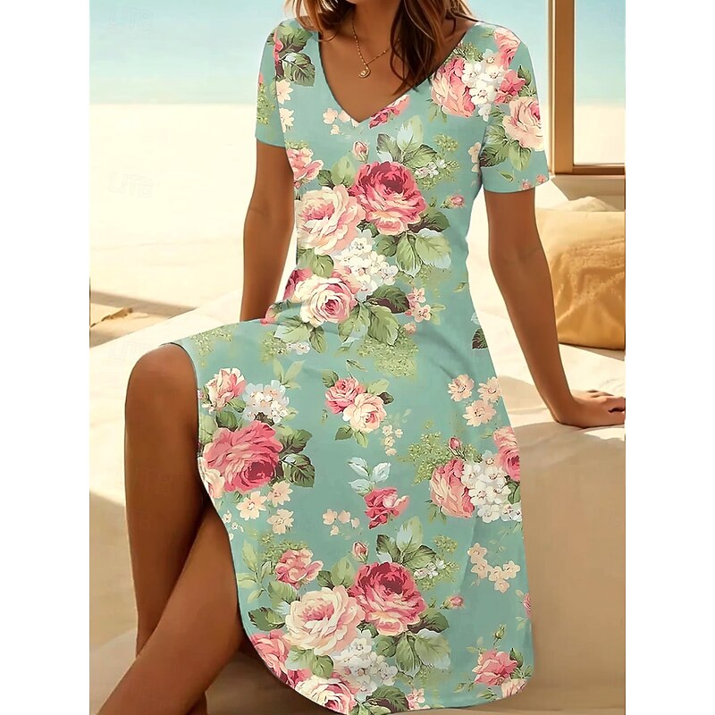 Women's Mini Dress T Shirt Dress Tee Dress Sundress A Line Dress Vacation Casual Boho Going out Beach Regular Fit Floral Graphic Short Sleeve V Neck Black Light Green Blue Sky Blue Summer Spring3