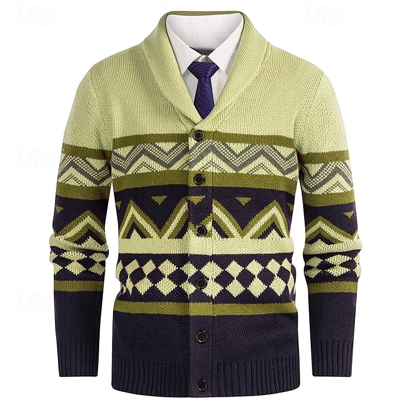 Men's Cardigan Sweater Cropped  Sweater Knit Sweater Ribbed Knit Regular Tops Buttons Argyle Lapel Fashion Classic Vacation Daily Wear Clothing Apparel Fall Winter White Yellow S M L