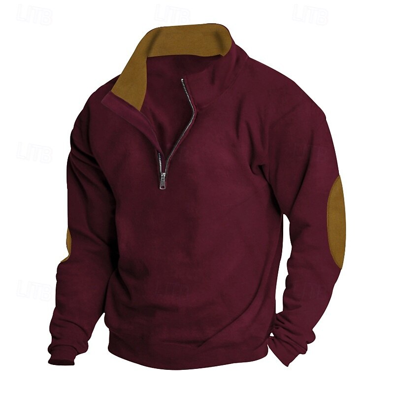 Men's Sweatshirt Zip Up Hoodie Quarter Zip Sweatshirt Black Burgundy Camel Light Grey Dark Gray Standing Collar Plain Patchwork Sports & Outdoor Casual Daily Streetwear Cool Sportswear Spring &  Fall3