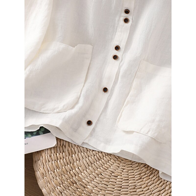 Women's Cotton Linen Shirts Solid Color Basic Casual 3/4 Length Sleeve Crew Neck Regular Tops Daily Pocket Buttons White Wine Green Khaki Summer Spring Fall4