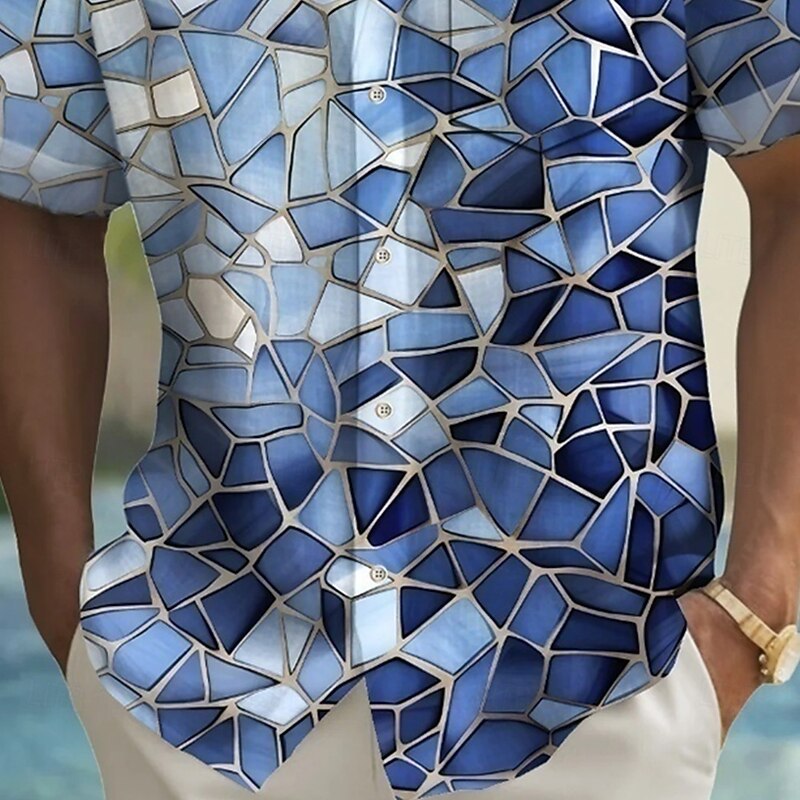 Men's Mosaic Glass Shirt Summer Shirt Button Up Shirt Short Sleeve Fashion Casual Outdoor Vacation Dailywear Summer Spring Turndown 3D Print Collared Shirts Front One Pocket Blue3