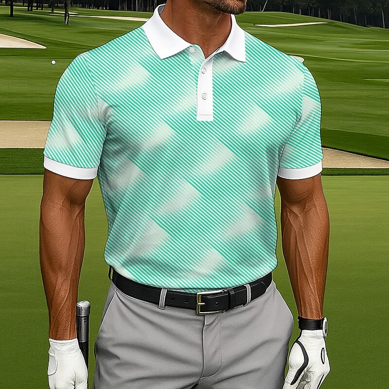Men's Polo Casual Sports Turndown Short Sleeve Fashion Leisure Geometic Golf 3D Print Buttons Summer Lake Blue Blue Sky Blue Polo3