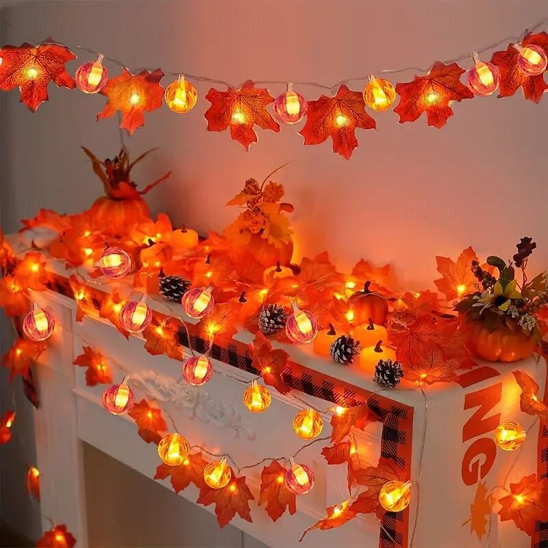 10/20/40 LED Maple Leaf Pumpkin String Lights Battery Powered Autumn Theme Decoration for Halloween Christmas Thanksgiving Holiday Home Courtyard Decoration2