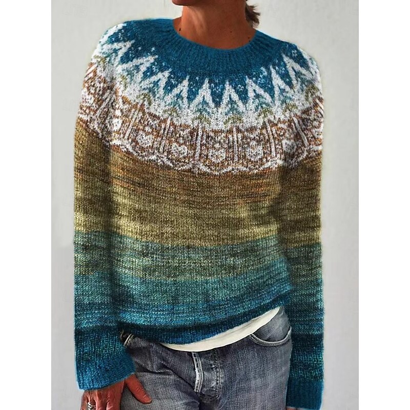 Women's Sweater Casual Soft Geometric Striped Ribbed Crew Neck Knitted Long Sleeve Regular Tops Knit Outdoor Daily Weekend Navy Blue Royal Blue Fall Winter