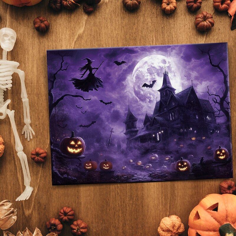 Halloween Purple Sky Haunted Scene LED Canvas Wall Art - Battery Operated Lighted Wall Decor for 2025 Halloween home decoration light livingroom and bedroom3