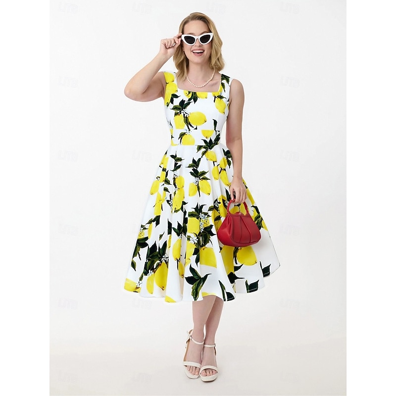 Retro Vintage 1950s Rockabilly Knee Length Dress A-Line Dress Swing Dress Floral Fruit A-Line Fancy Dress Women's Carnival Masquerade Vacation Casual Daily Retro Theme Party Adults' Dress Spring