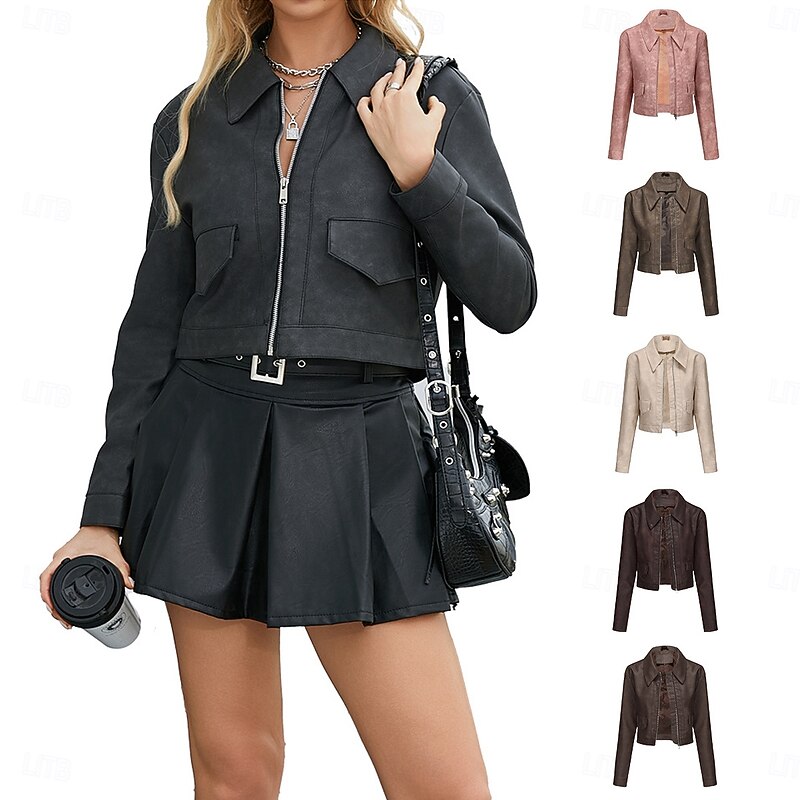Women's Faux Leather Jacket Comfortable Full Zip Fashion Street Style Plain Outdoor Casual Daily Short Turndown Regular Fit Long Sleeve Outerwear Black Pink Camel Spring Fall